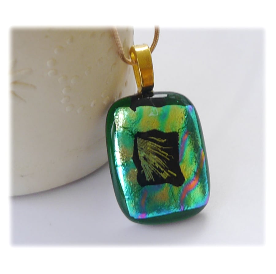 Green Dichroic Glass Pendant 165 Multi Shimmer  with gold plated chain