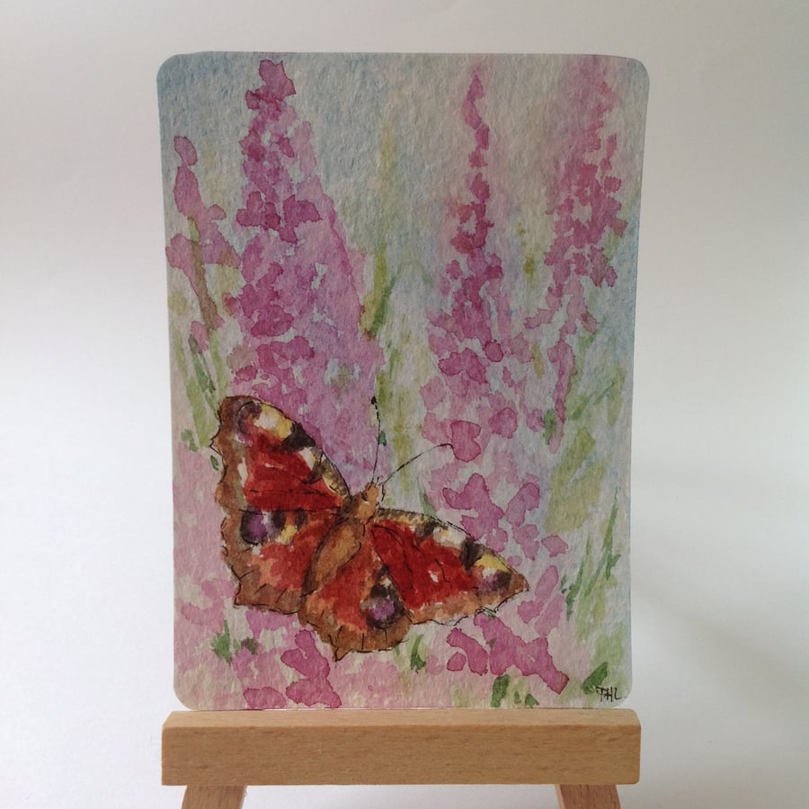 ACEO original watercolour Peacock Butterfly