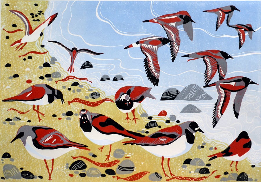 Turnstones LINO PRINT BIRD BEACH HEBRIDES SHORE SEA