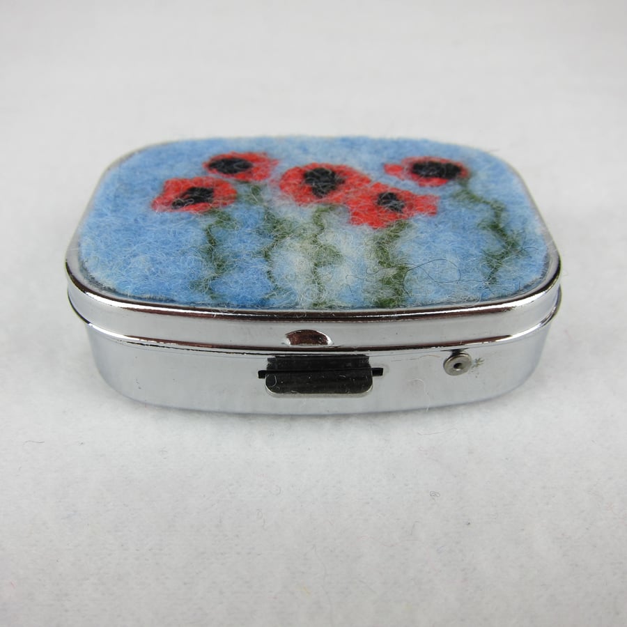 Pill box, trinket box, rectangular with poppy design