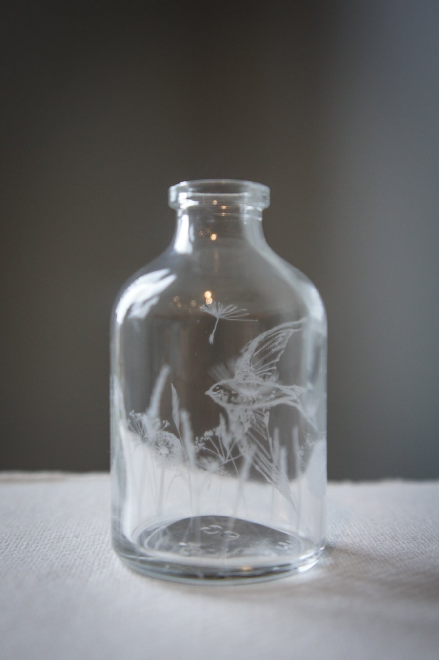Swallow And Meadow Small Bottle Glass Engraved
