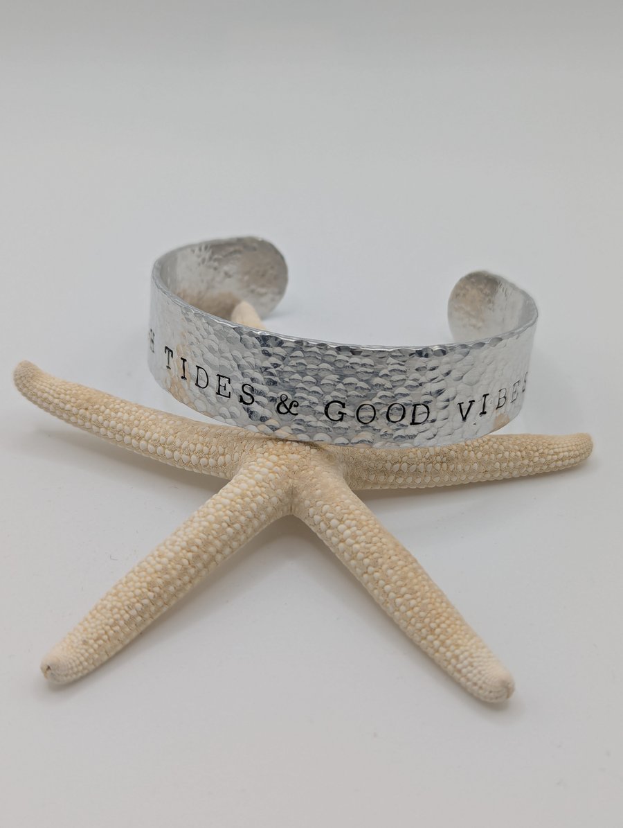 'High Tides & Good Vibes' Hand Stamped Cuff Bangle