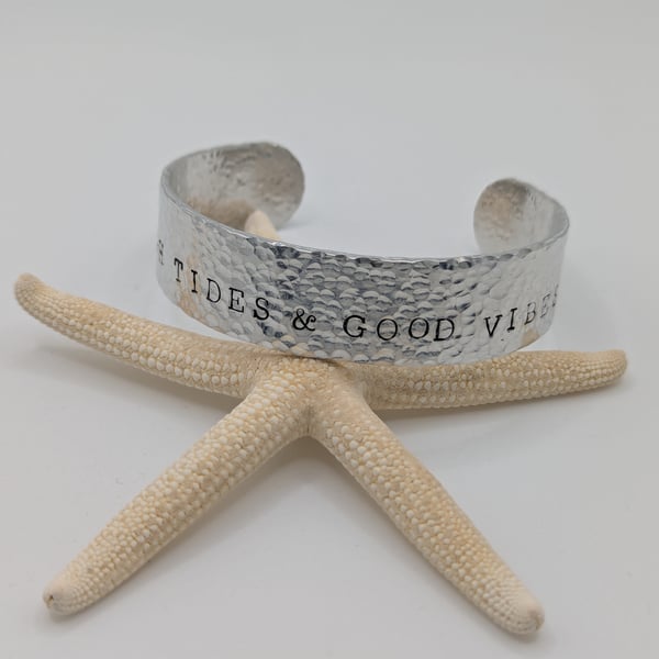 'High Tides & Good Vibes' Hand Stamped Cuff Bangle