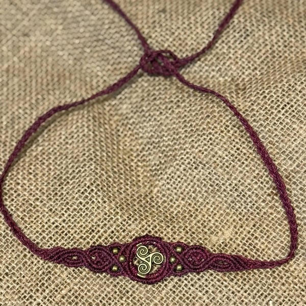 Celtic Triskele spiral choker necklace, inc Free UK delivery (plum)
