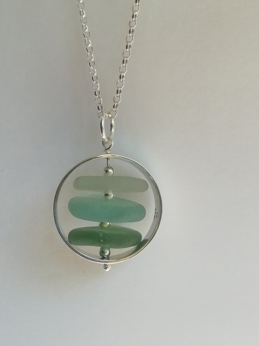 Stack of Coloured Seaglass in a Silver Ring Necklace
