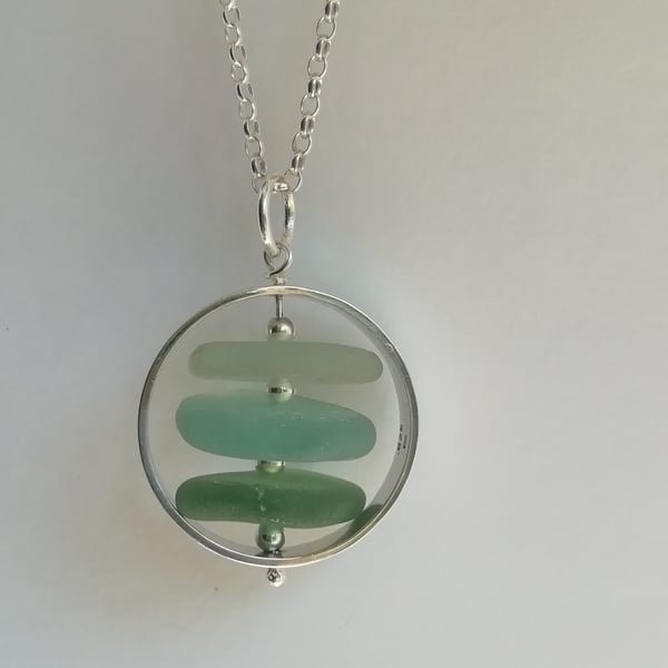 Stack of Coloured Seaglass in a Silver Ring Necklace