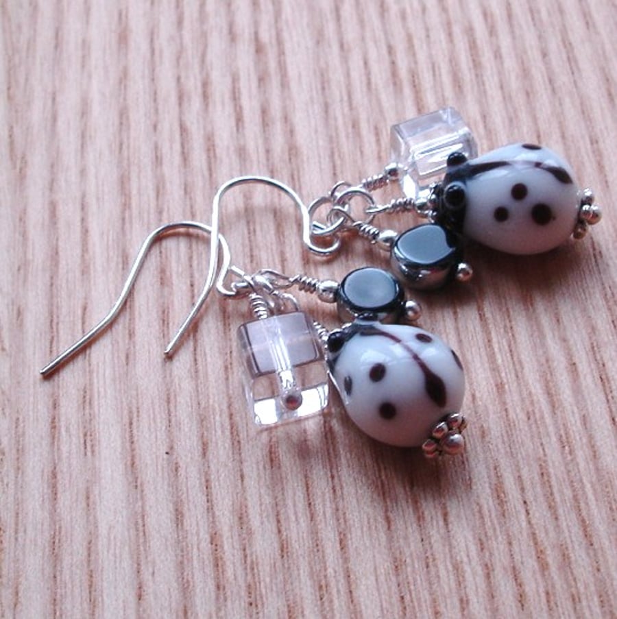 White Labybird Cluster Earrings