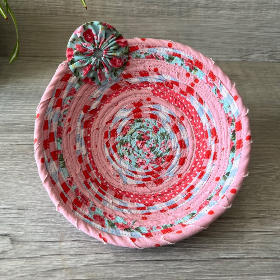 Pretty Pink and Blue Coiled Fabric Bowl with Suffolk Puff