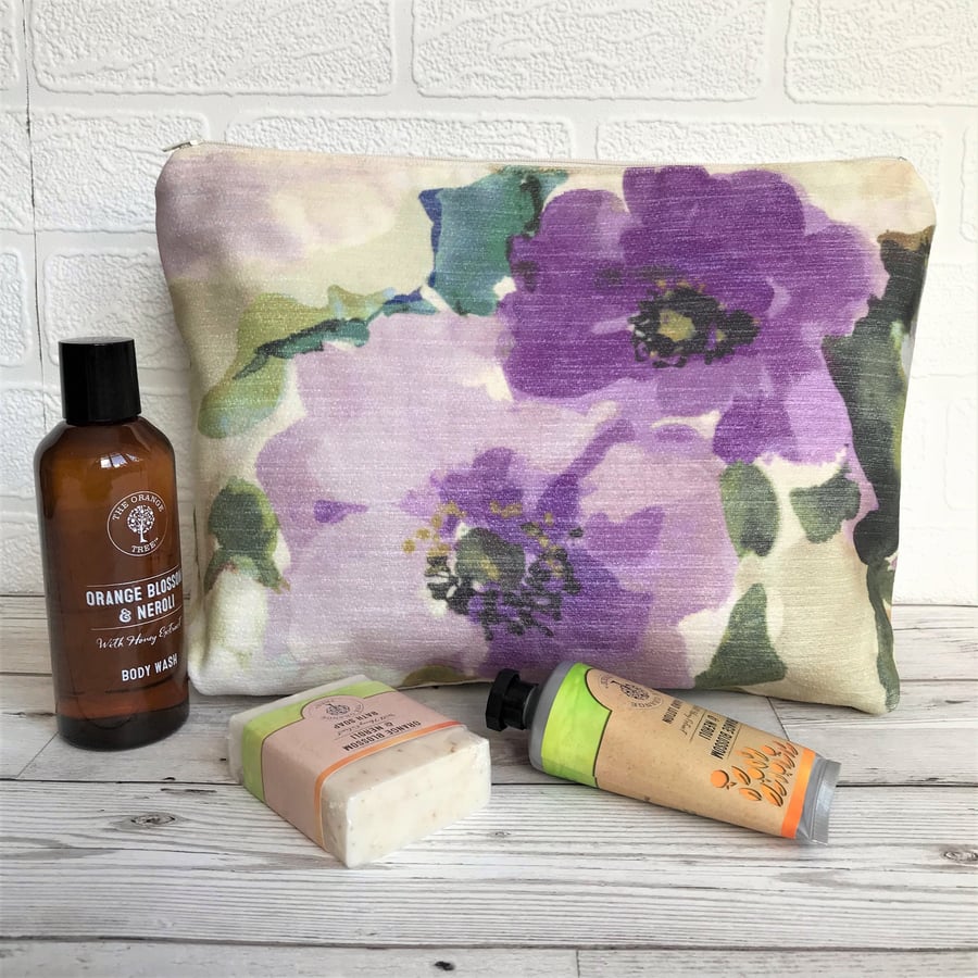 Cream toiletry bag, wash bag with purple floral pattern