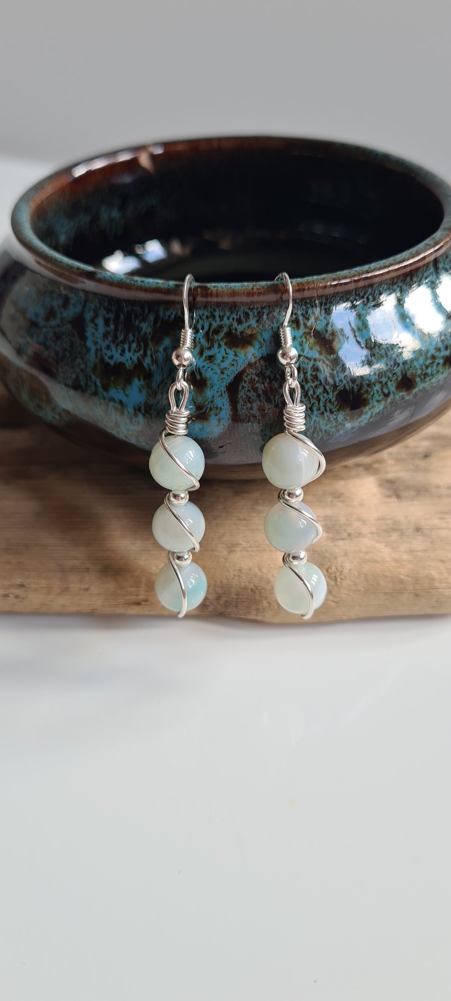 Handmade Natural Light Blue Banded Agate & 925 Silver Drop Dangle Earrings Gift