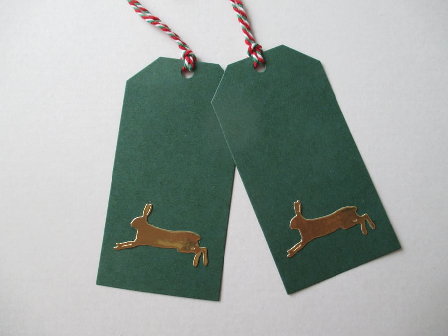 Gift Tag x 2 Bunny Rabbit Christmas Present Gold Green
