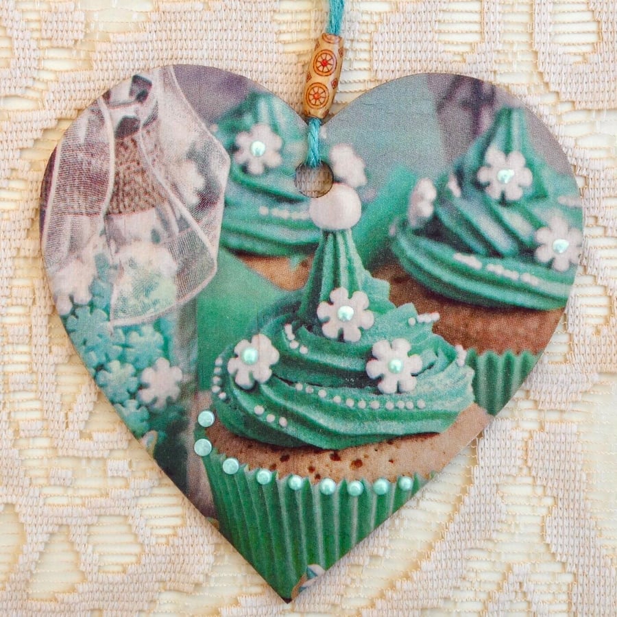 Christmas Decoration Ornament: Decoupaged Wooden Heart 15cm (6") Turquoise Cake