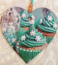 Christmas Decoration Ornament: Decoupaged Wooden Heart 15cm (6") Turquoise Cake
