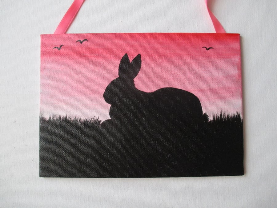 Bunny Rabbit Silhouette Original Painting Canvas Art Pink Sky