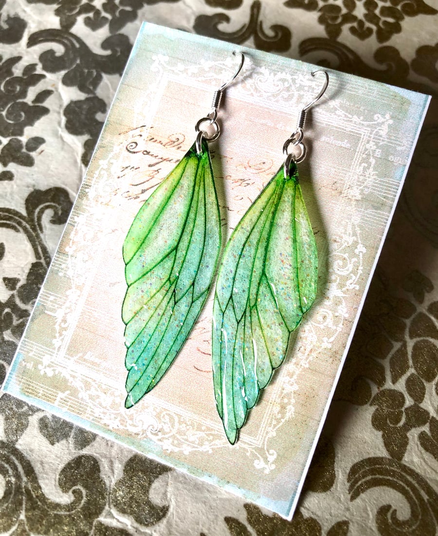 Green Sterling Silver Fairy Wing Earrings Style 3