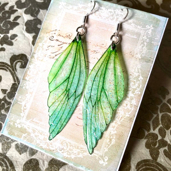 Green Sterling Silver Fairy Wing Earrings Style 3