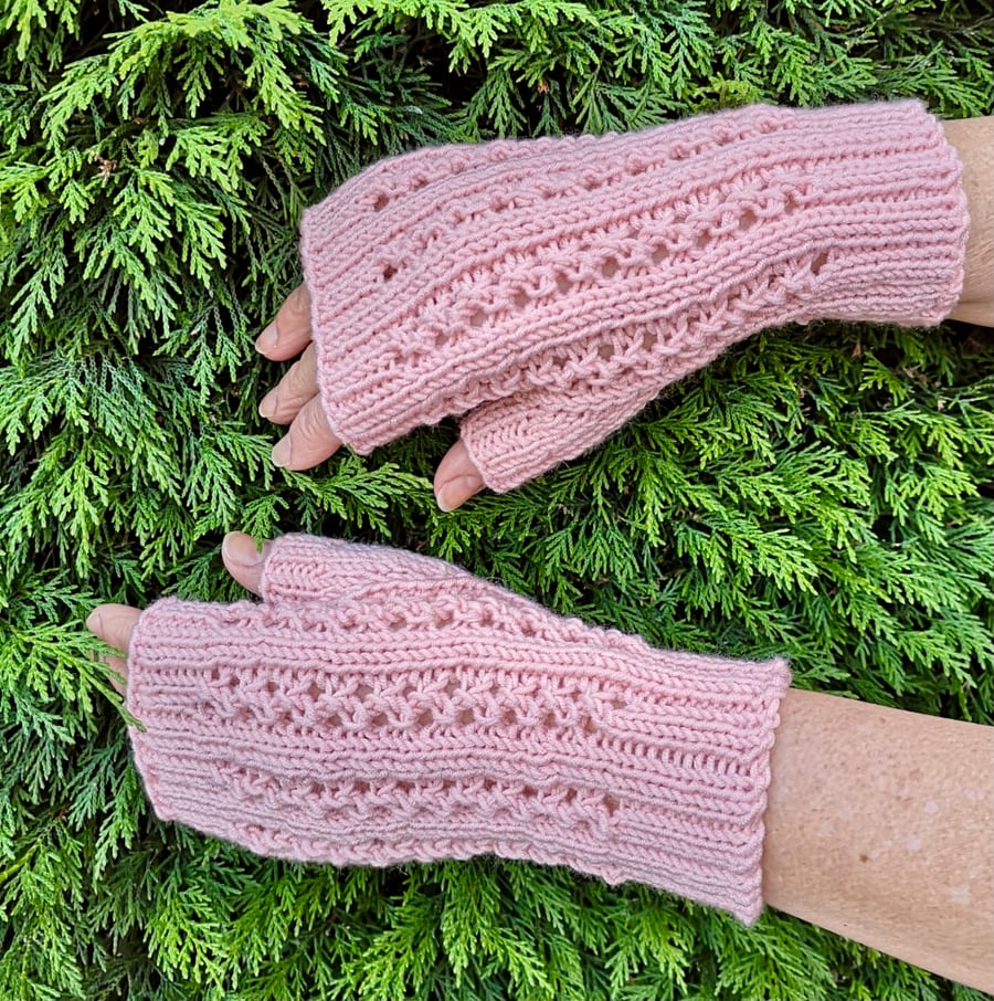 Peach Fingerless Mitts, Pastel Hand Knitted Fingerless Gloves