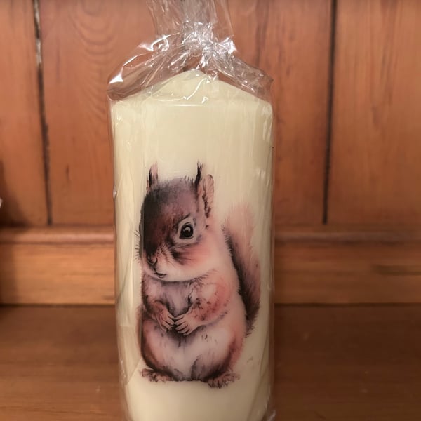 Handmade decoupage squirrel pillar candle 16x7cm