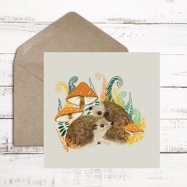 Hedgehog toadstools woodlands blank card 