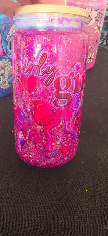 Handmade "no-flow" snowglobe tumbler, with "girly girl" a bamboo lid and a straw