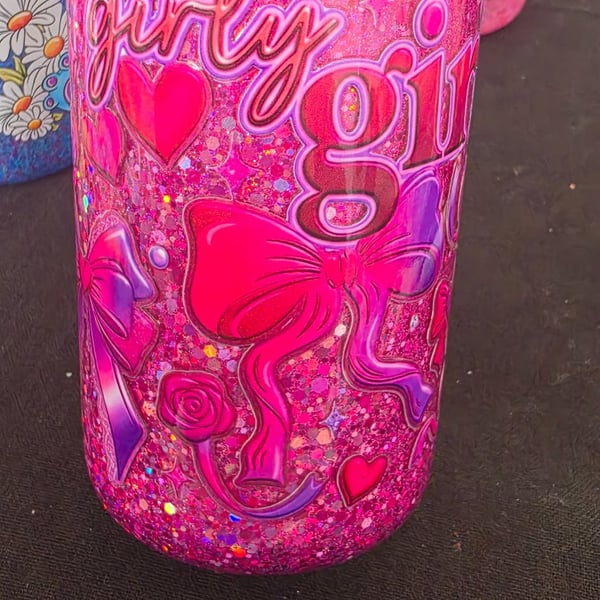 Handmade "no-flow" snowglobe tumbler, with "girly girl" a bamboo lid and a straw