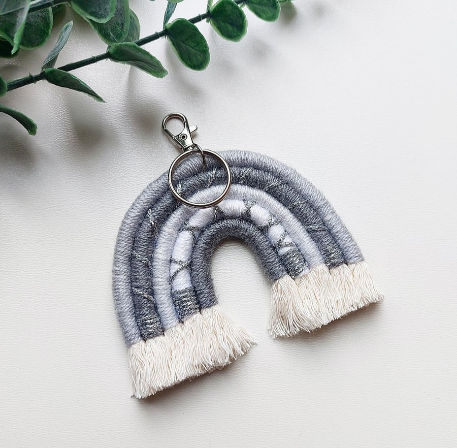 Macrame grey rainbow key chain bag charm. Gift for girls, stocking fille