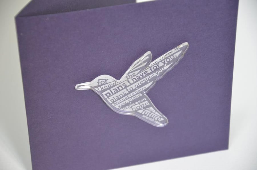 'Laser Tweet' card (amethyst, with etched acrylic bird)