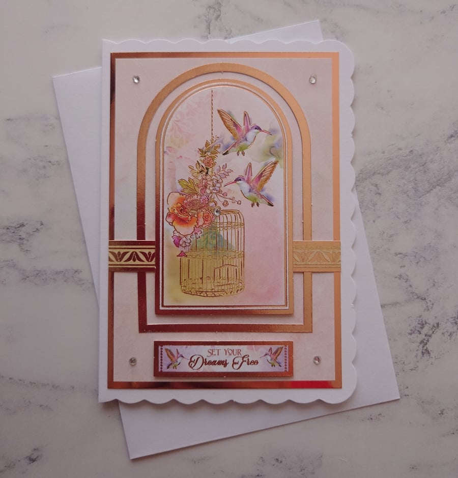 Set Your Dreams Free Vintage Rose Gold Beautiful Birds 3D Luxury Handmade Card