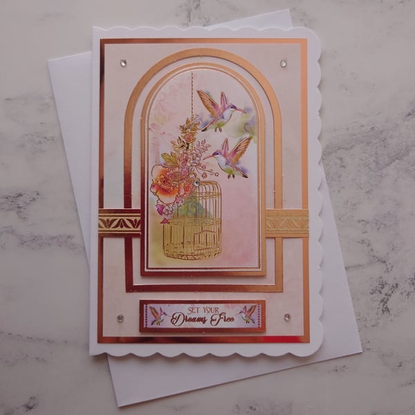 Set Your Dreams Free Vintage Rose Gold Beautiful Birds 3D Luxury Handmade Card