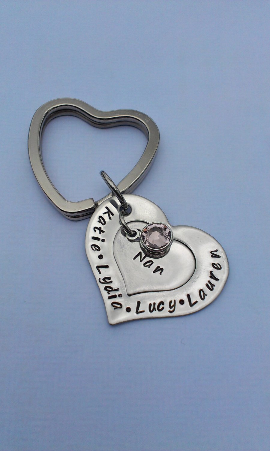Hand stamped personalised double heart keyring with swarovski crystal birthstone