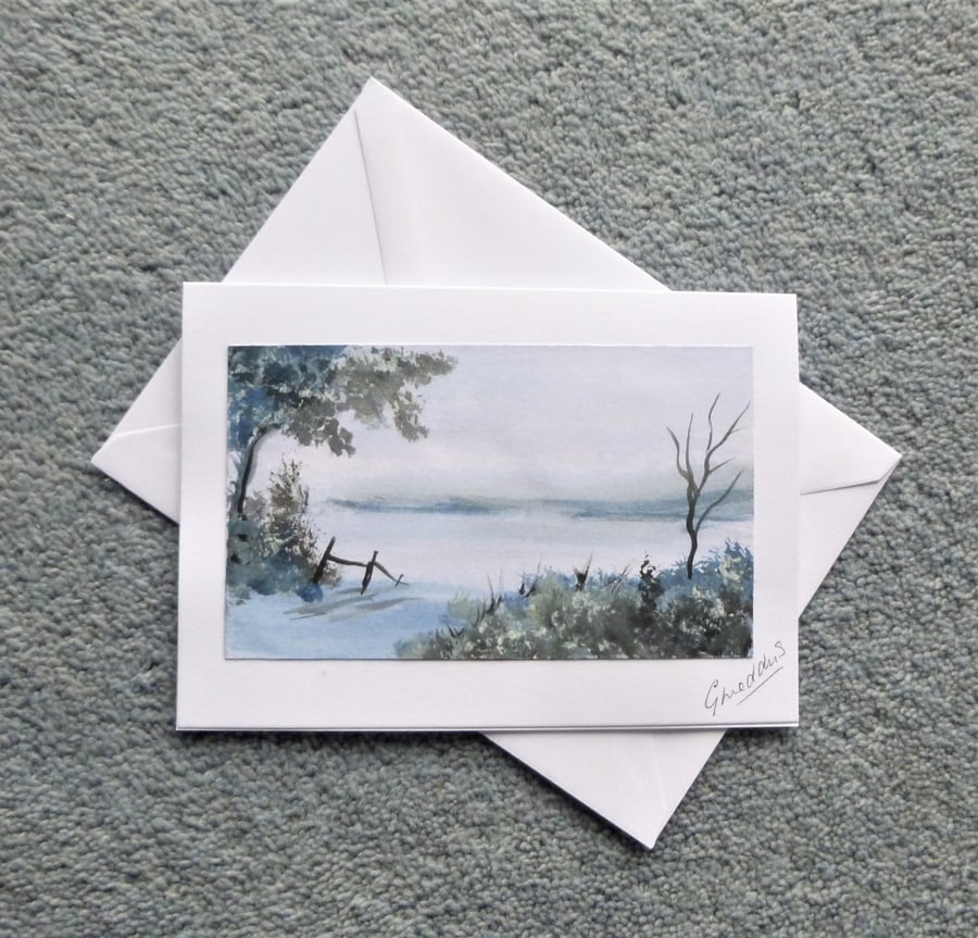 hand painted blank inside watercolour landscape card ( ref F 384.A5 )