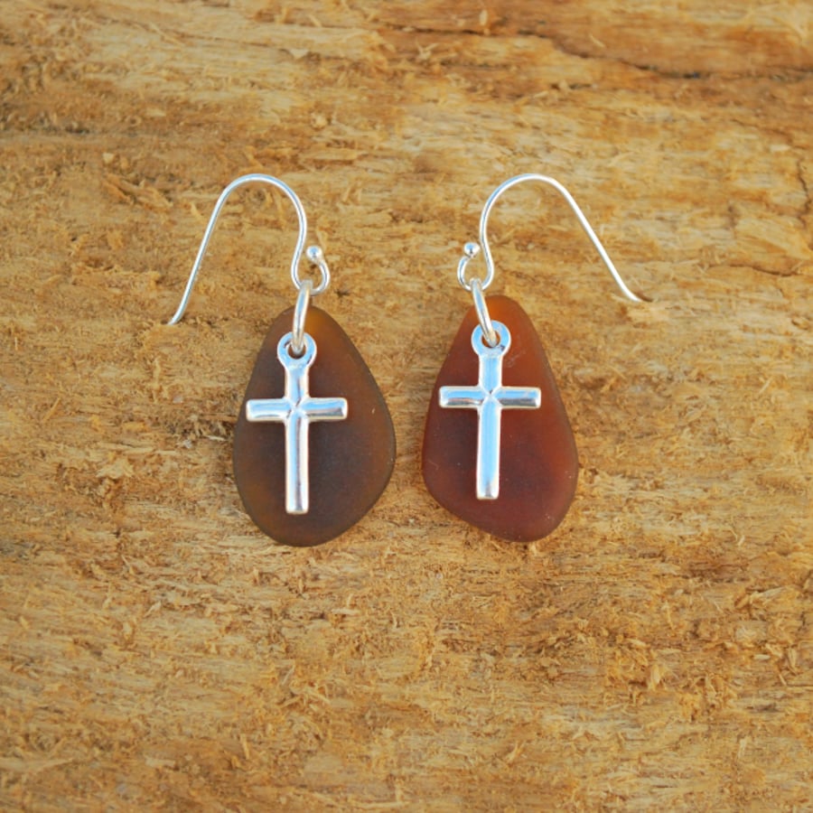 Beach glass earrings, brown with crosses