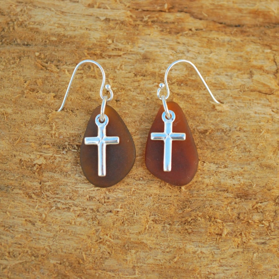 Brown sea glass earrings with cross charms