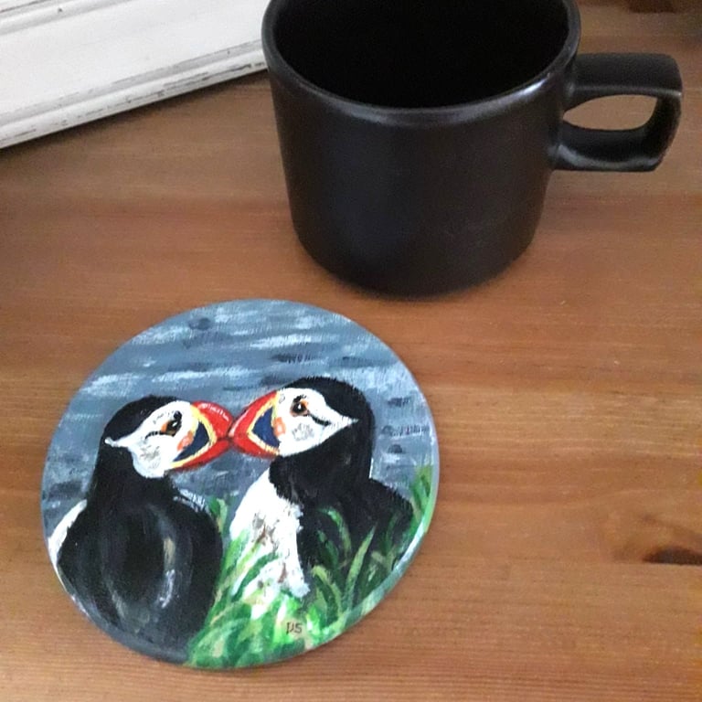 Puffins handpainted wooden coaster