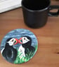 Puffins handpainted wooden coaster - Image 1