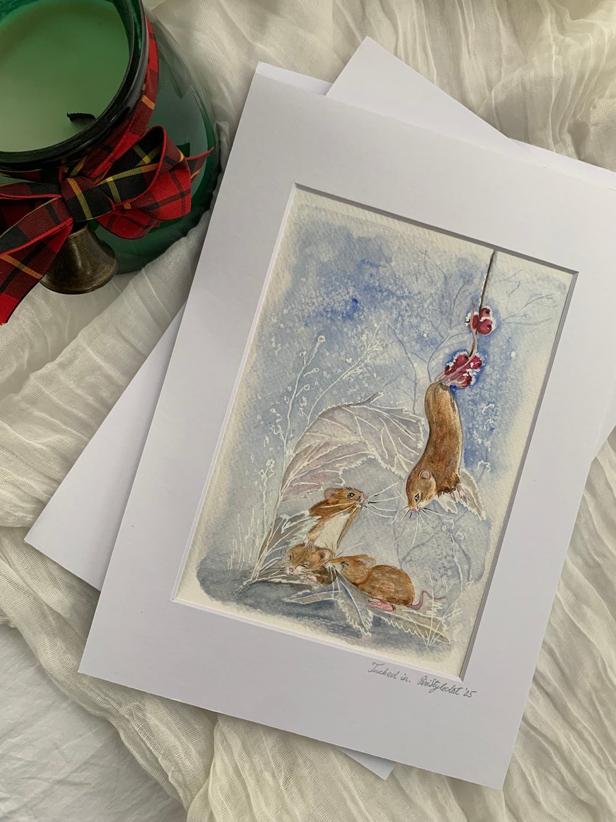Winter Harvest Mice – Original Watercolour Artwork, A4 Mount (A5 Painting)