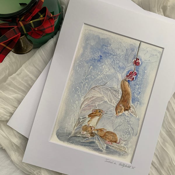Winter Harvest Mice – Original Watercolour Artwork, A4 Mount (A5 Painting)