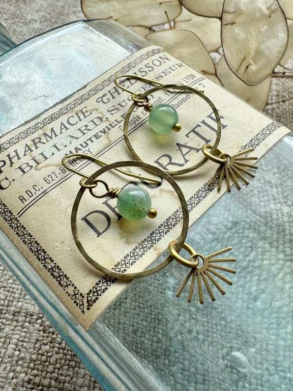 Golden Brass Hoop Earrings With Aventurine Beads Handmade in Cornwall 