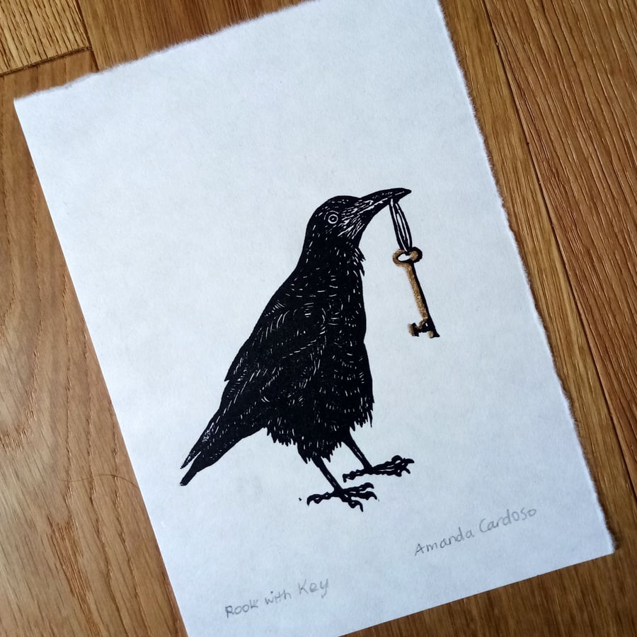 Corvid folklore lino print by exhibiting UK artist. Gothic and mythological.