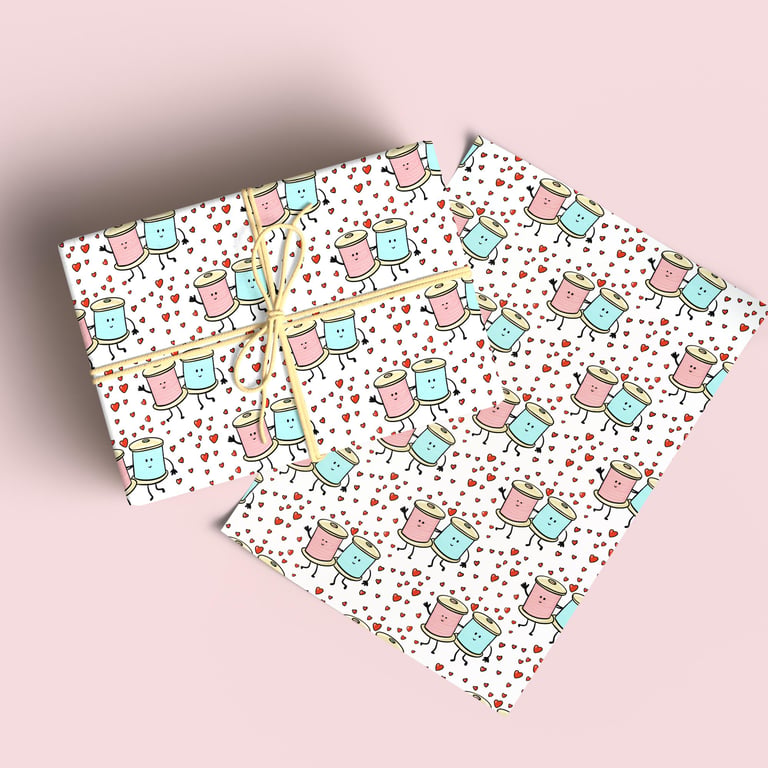 2nd Anniversary Wrapping Paper, Cute Cotton Bobbins Holding Hands, Cotton 