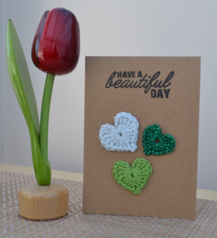 Greeting card with crochet hearts - No. 14