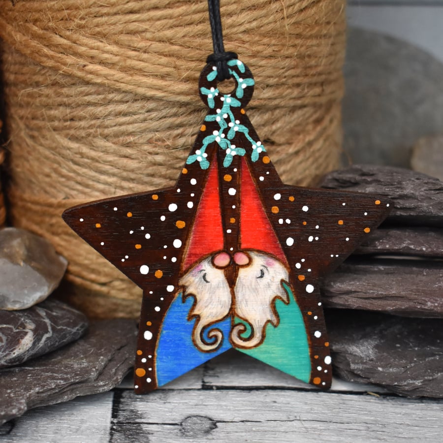 Tomte couple hanging star. Pyrography personalised decoration.