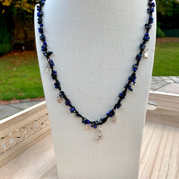 Handmade Bead Crochet Star Necklace Black, Silver & Midnight Blue