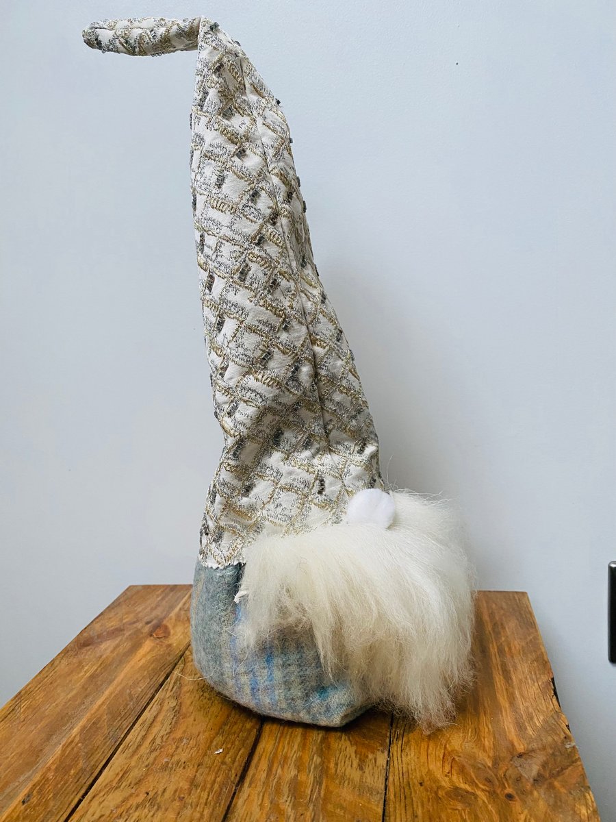 Large pale blue Christmas Santa Gnome made from recycled materials