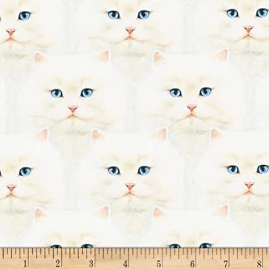 Fat Quarter Whiskers And Tails White Cats 100% Cotton Quilting Fabric