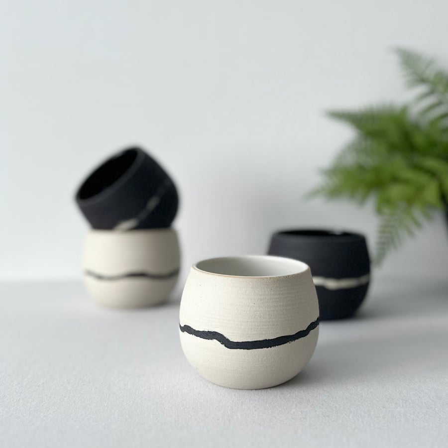 Handmade Ceramic Espresso Cup – Minimalist Stripped White and Black Mug