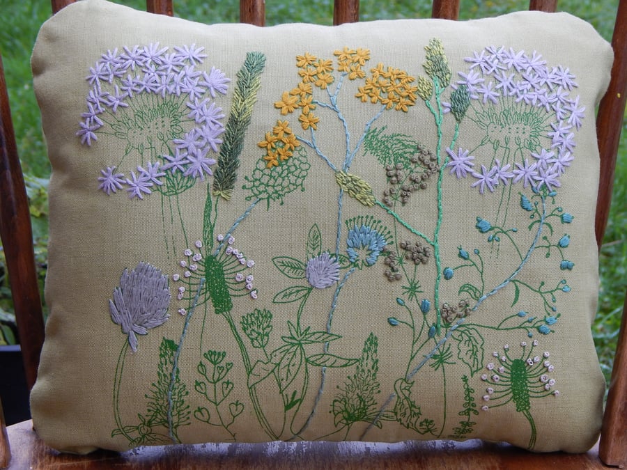 Light green linen  - Screen printed wild flower cushion 