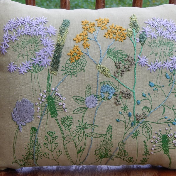 Light green linen  - Screen printed wild flower cushion 