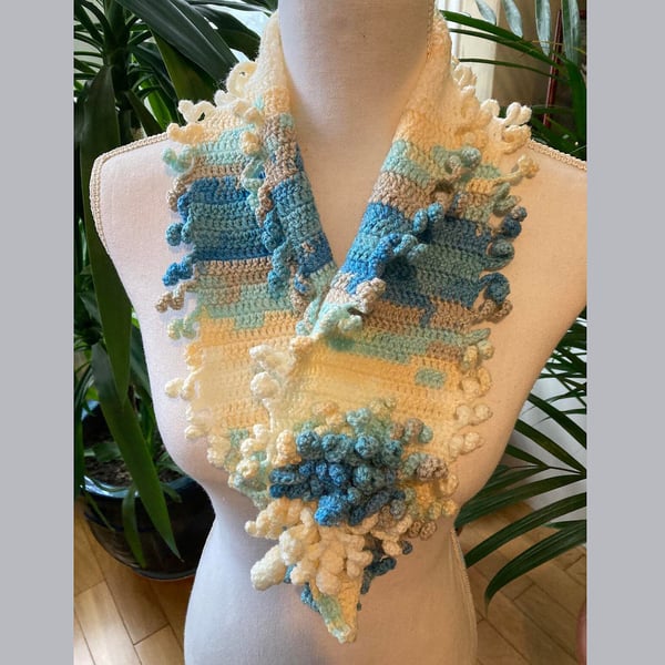 Crochet Blue White Shades Fringed Shawl Everyday Neck Wrap 