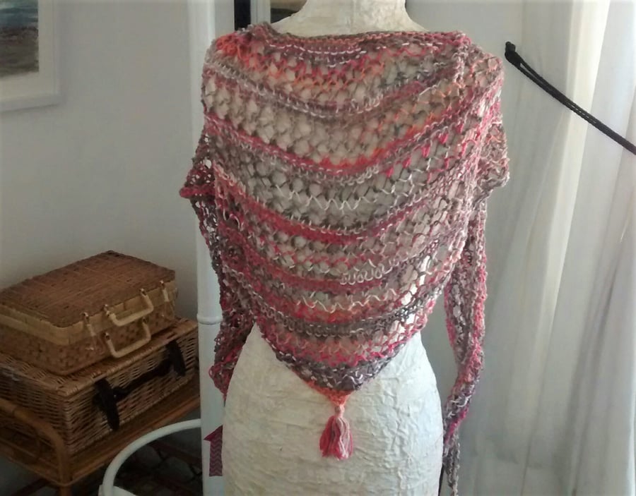 Triangle Lace Knit Scarf, Hand Knitted Shawl, Peach Wrap